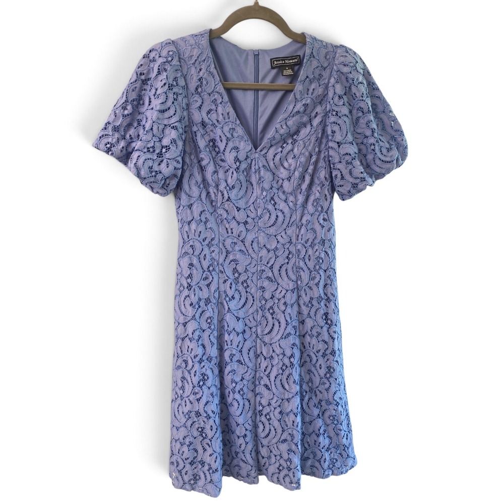 Jessica Howard Periwinkle Blue Lace V-Neck Puff Sleeve A-Line Dress Womens 8